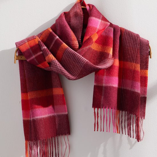  baby alpaca scarf - red pink plaid - fair trade - ethically made - fair indigo