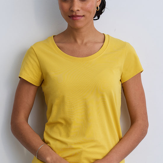womens organic cotton scoop neck tee - misty yellow - fair indigo fair trade ethically made
