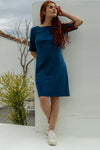 womens organic elbow sleeve boat neck dress- peacock blue - fair trade ethically made