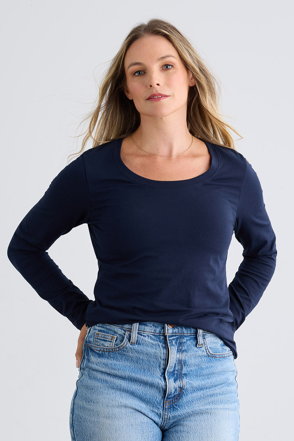 womens organic cotton long sleeve scoop neck tee - dark navy blue - fair indigo fair trade ethically made