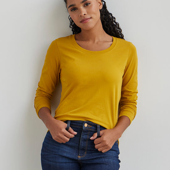 womens organic cotton long sleeve scoop neck tee - mustard yellow - fair indigo fair trade ethically made