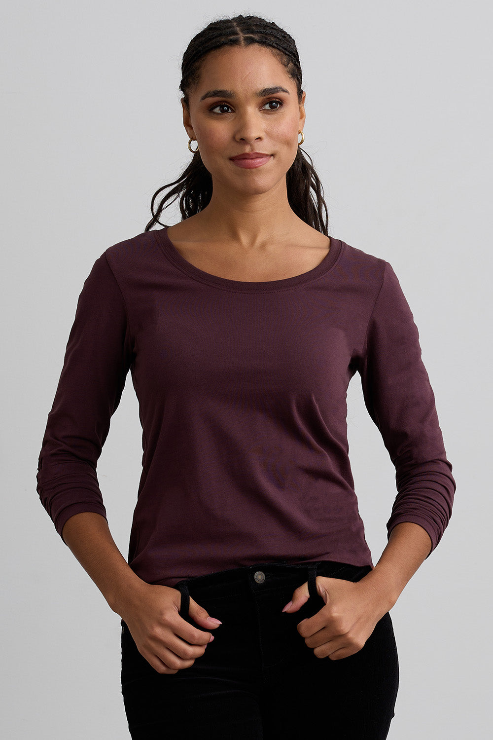 womens organic long sleeve scoop neck tee - raisin purple - fair indigo fair trade ethically made