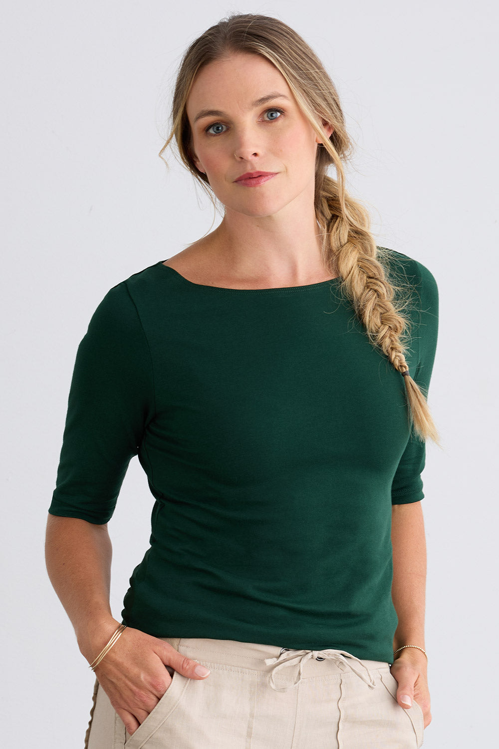 womens organic boat neck t-shirt- dark pine green - fair trade ethically made