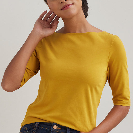 womens organic cotton boat neck t-shirt- mustard yellow - fair trade ethically made
