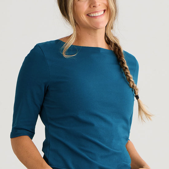 womens organic boat neck t-shirt - peacock blue - fair indigo fair trade ethically made