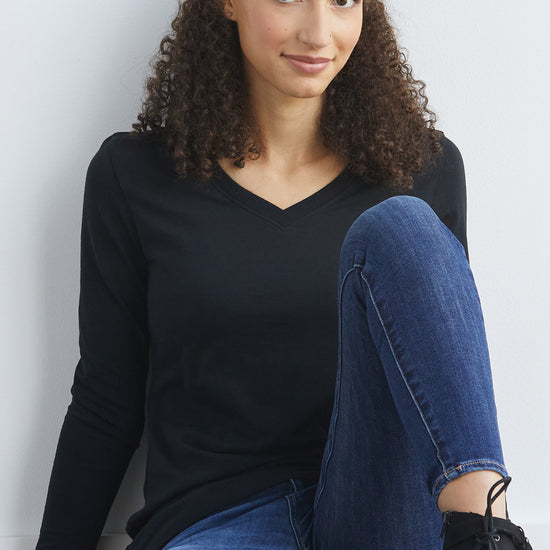 womens organic long sleeve v-neck tee - black - fair indigo fair trade ethically made
