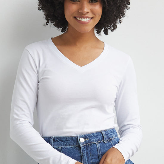 womens organic cotton long sleeve v-neck tee - white - fair indigo fair trade ethically made