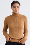 womens organic cotton ribbed turtleneck sweater- camel brown - fair trade ethically made