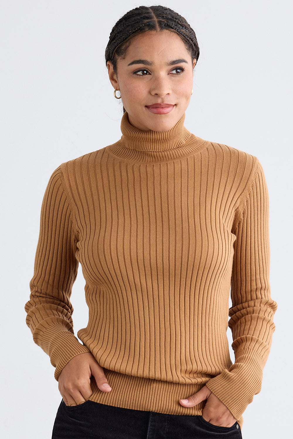 womens organic cotton ribbed turtleneck sweater- camel brown - fair trade ethically made