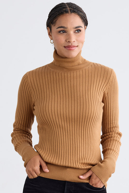 womens organic cotton ribbed turtleneck sweater- camel brown - fair trade ethically made