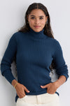 womens organic cotton ribbed turtleneck sweater- indigo blue - fair trade ethically made