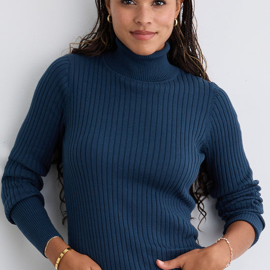 womens organic cotton ribbed turtleneck sweater- indigo blue - fair trade ethically made