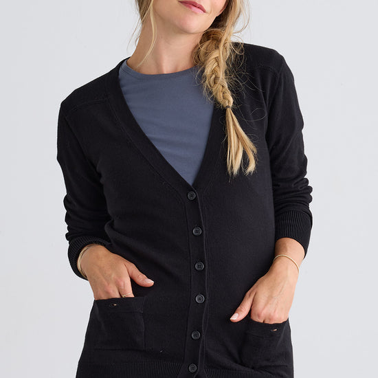 womens 100% organic cotton boyfriend cardigan sweater - black - fair trade ethically made