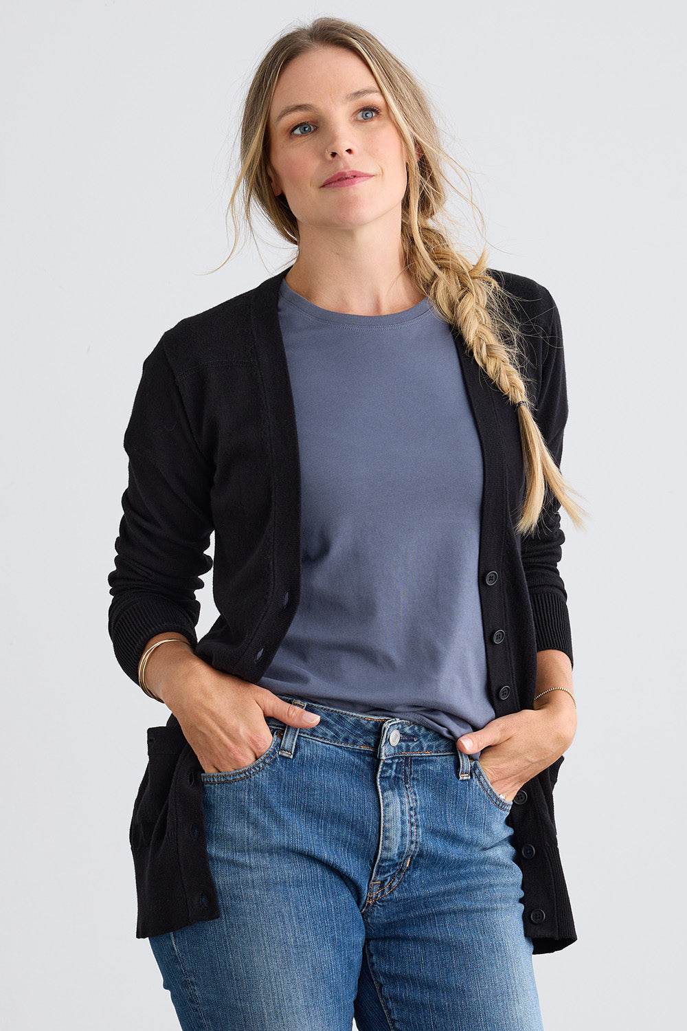womens all-cotton organic boyfriend cardigan - black - fair trade ethically made