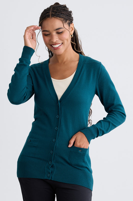 womens all-cotton organic boyfriend cardigan - deep teal green - fair trade ethically made
