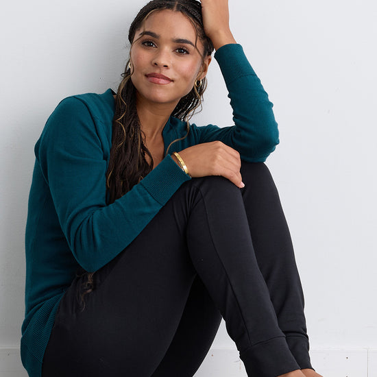womens all-cotton organic boyfriend cardigan - deep teal green - fair trade ethically made