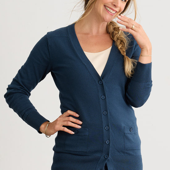 womens 100% organic cotton boyfriend cardigan - indigo blue - fair trade ethically made
