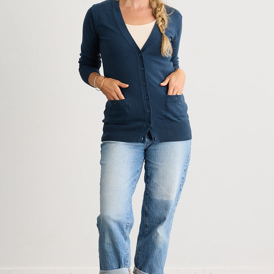 womens 100% organic cotton boyfriend cardigan - indigo blue - fair trade ethically made