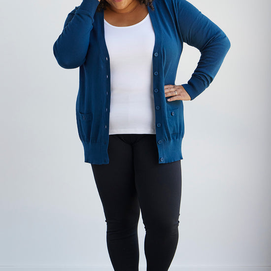 womens 100% organic cotton boyfriend cardigan - peacock blue - fair trade ethically made