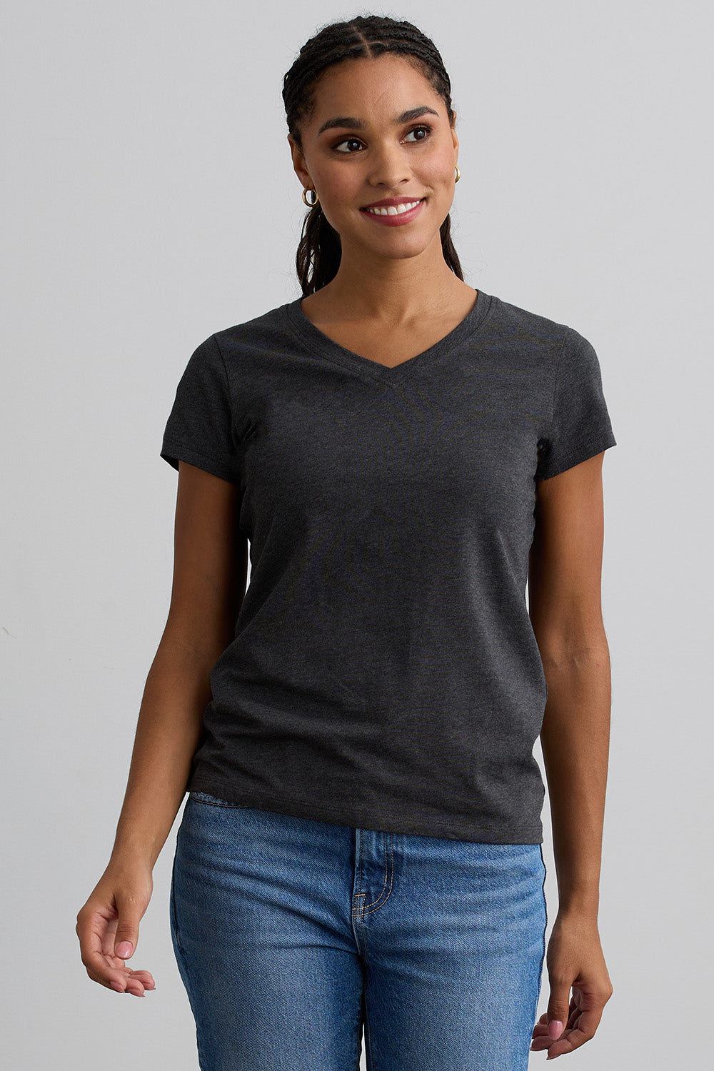 womens organic v-neck t-shirt - dark charcoal heather grey - fair indigo fair trade ethically made