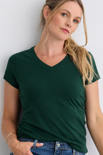 womens organic v-neck t-shirt - dark pine green - fair indigo fair trade ethically made