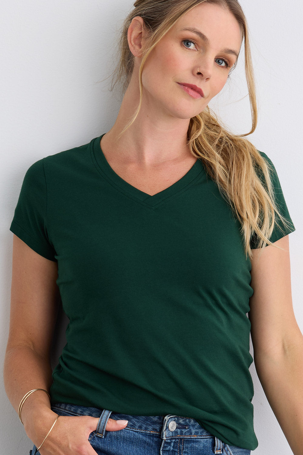 womens organic v-neck t-shirt - dark pine green - fair indigo fair trade ethically made