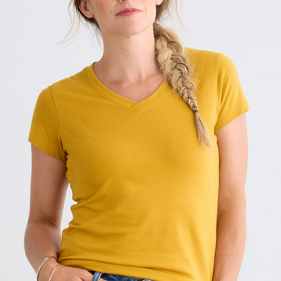 womens organic pima cotton v-neck tee - mustard yellow - fair indigo fair trade ethically made