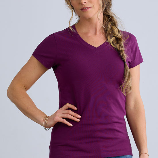 womens organic pima cotton v-neck tee - plum purple - fair indigo fair trade ethically made