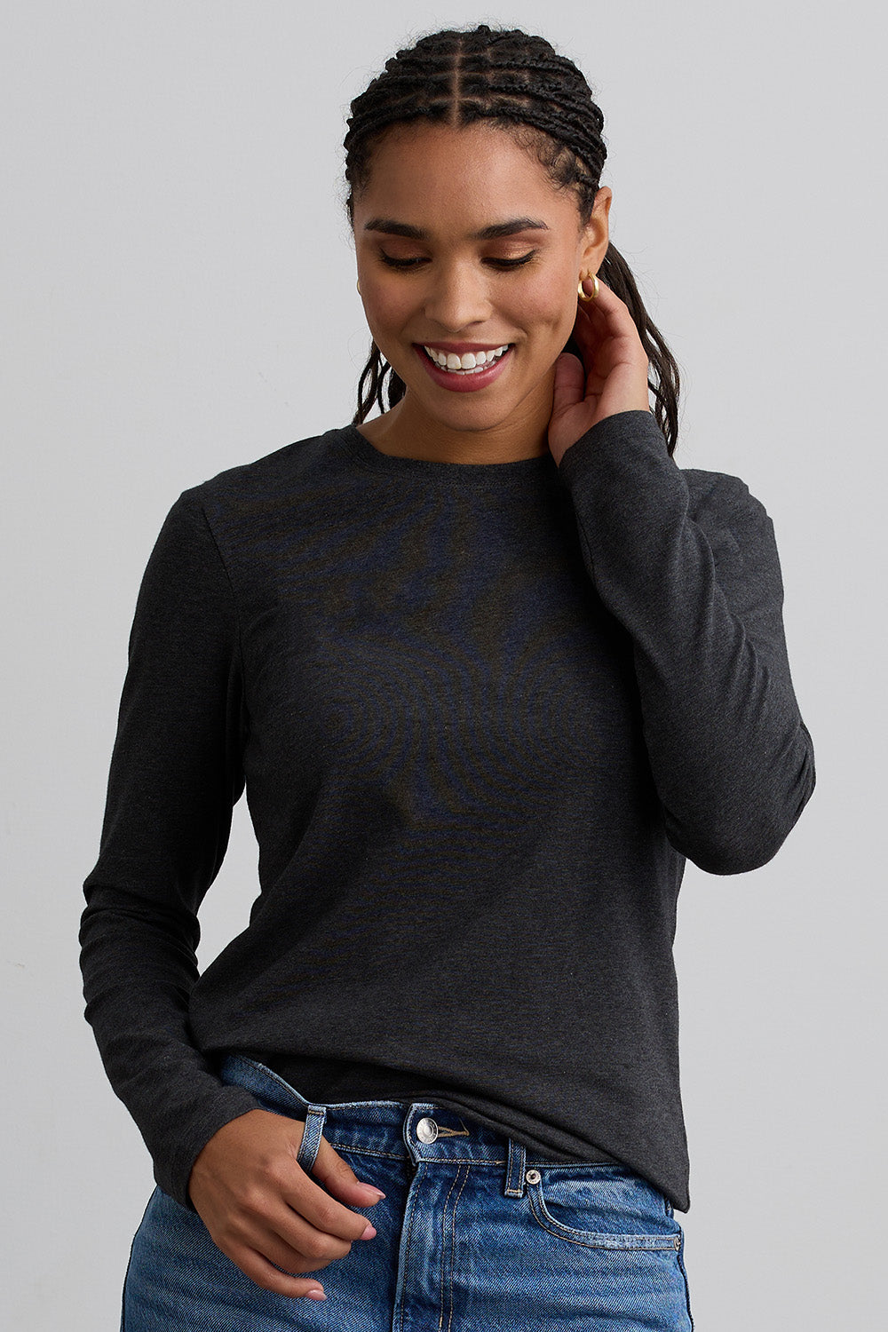 womens organic blend long sleeve crew neck t-shirt - dark charcoal heather grey - fair indigo fair trade sustainable
