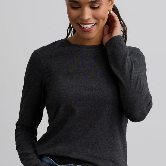 womens organic blend long sleeve crew neck t-shirt - dark charcoal heather grey - fair indigo fair trade sustainable