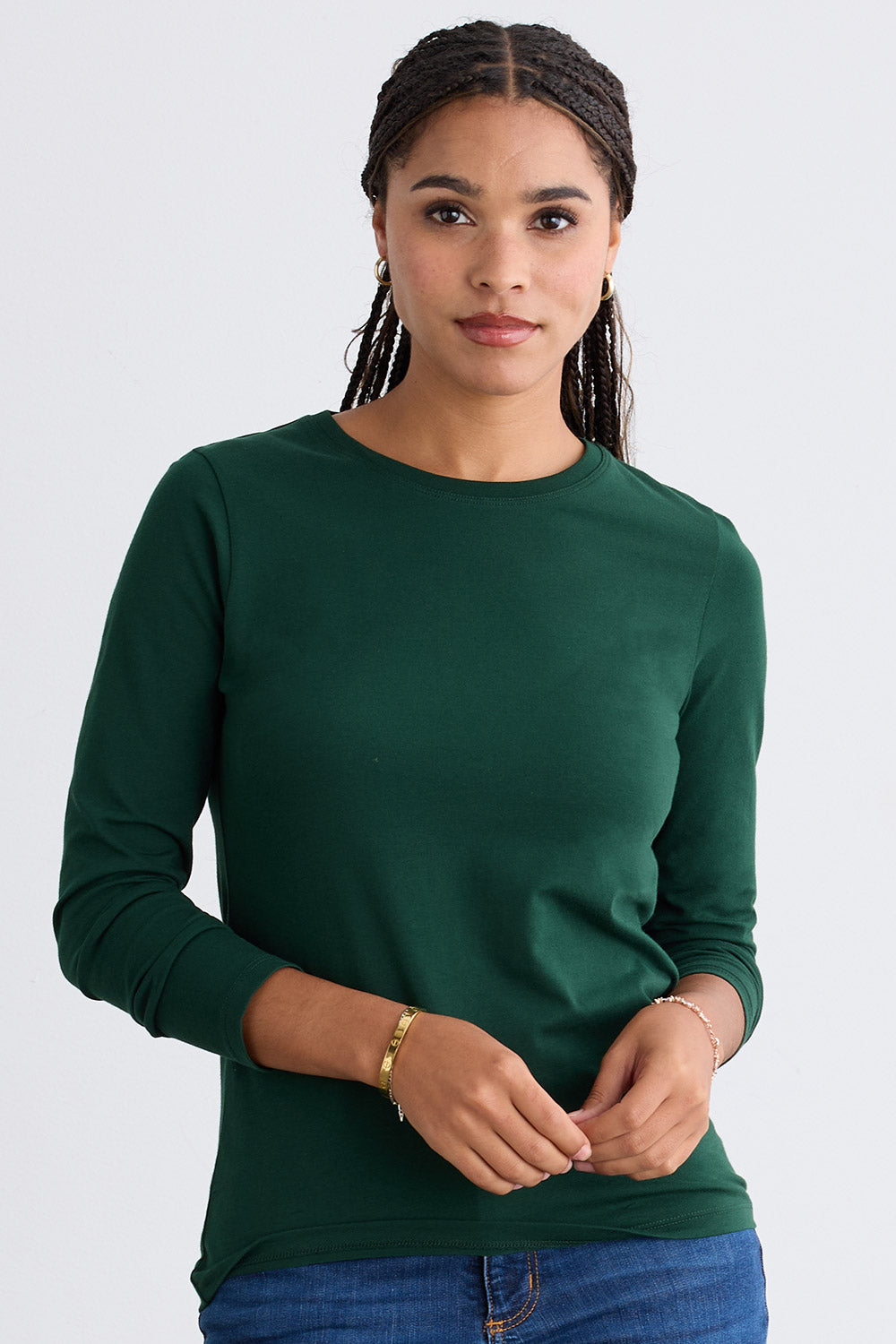 womens organic blend long sleeve crew neck t-shirt - dark pine green - fair indigo fair trade sustainable
