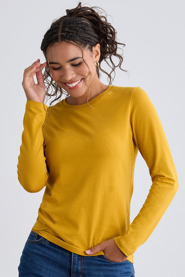 womens organic long sleeve crew neck tee - mustard yellow - fair indigo fair trade sustainable