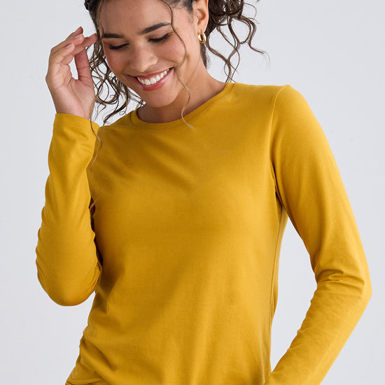 womens organic long sleeve crew neck tee - mustard yellow - fair indigo fair trade sustainable