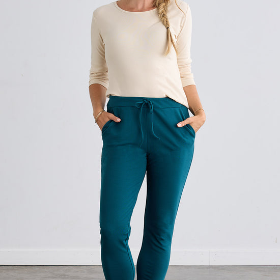 womens organic cotton joggers lounge pants - deep teal green - fair indigo fair trade ethically made