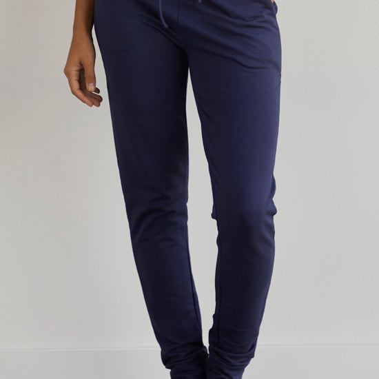womens organic french terry jogger pants - midnight navy blue - fair indigo fair trade ethically made
