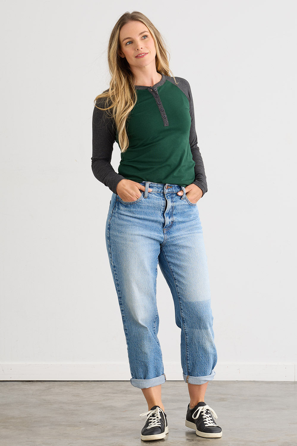 organic cotton raglan colorblock henley womens - fair indigo