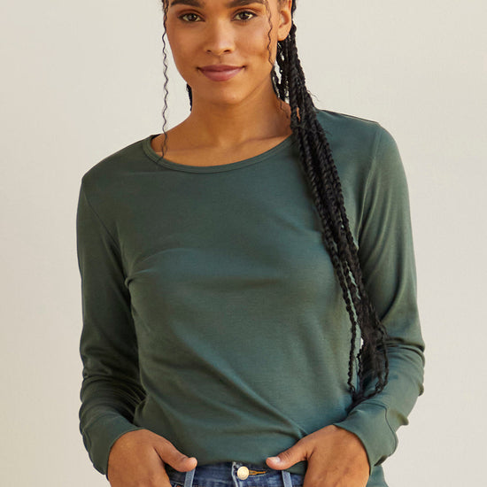 womens organic 100% cotton luxe long sleeve t-shirt - balsam green - fair indigo fair trade ethically made