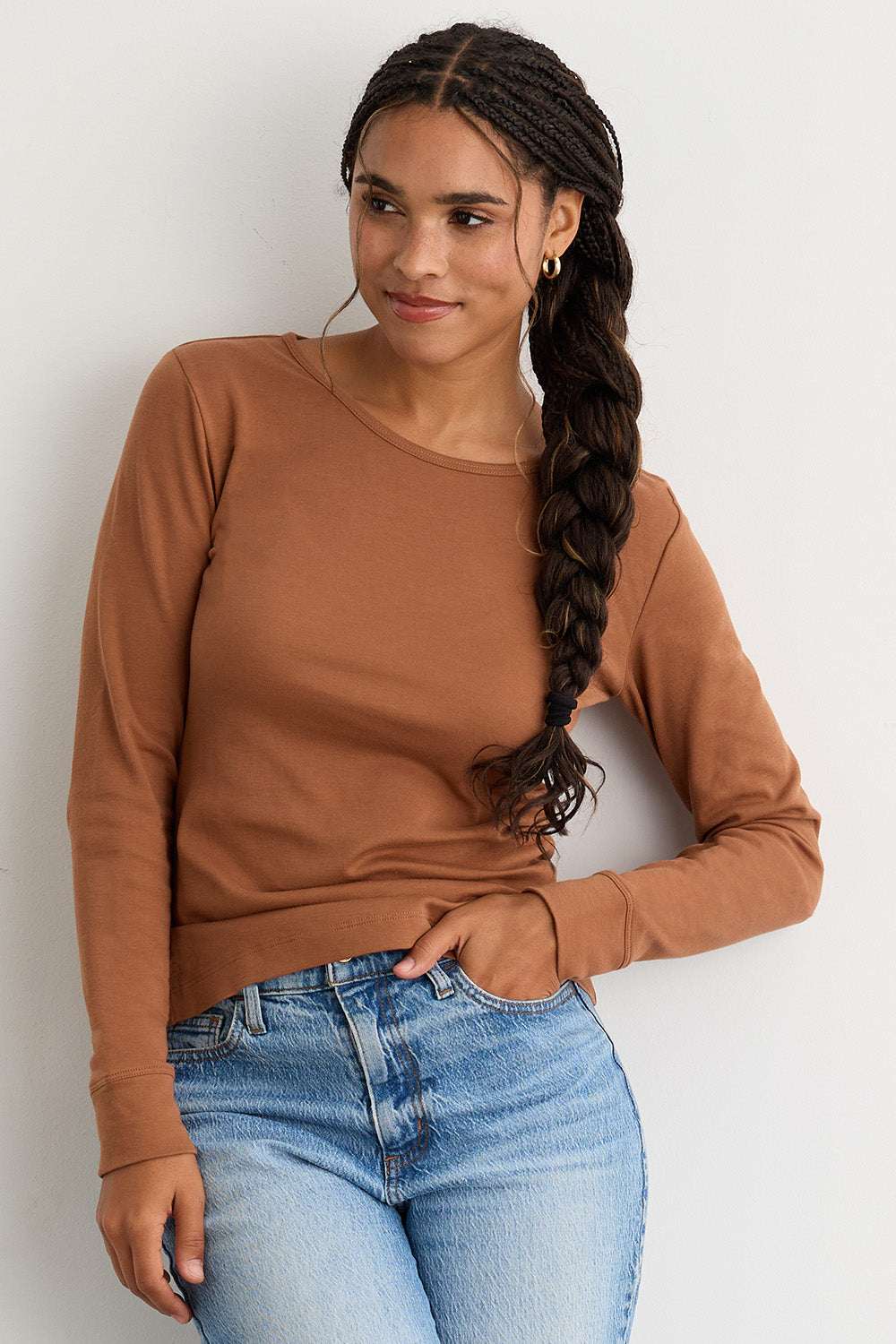 womens organic all-cotton interlock long sleeve tee - cognac camel brown - fair indigo fair trade ethically made