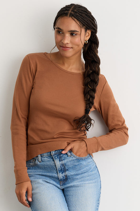 womens organic all-cotton interlock long sleeve tee - cognac camel brown - fair indigo fair trade ethically made