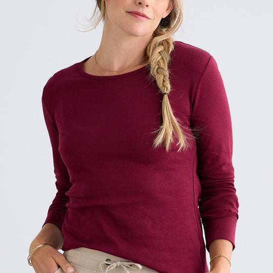 womens organic 100% cotton luxe long sleeve t-shirt - wine burgundy - fair indigo fair trade ethically made