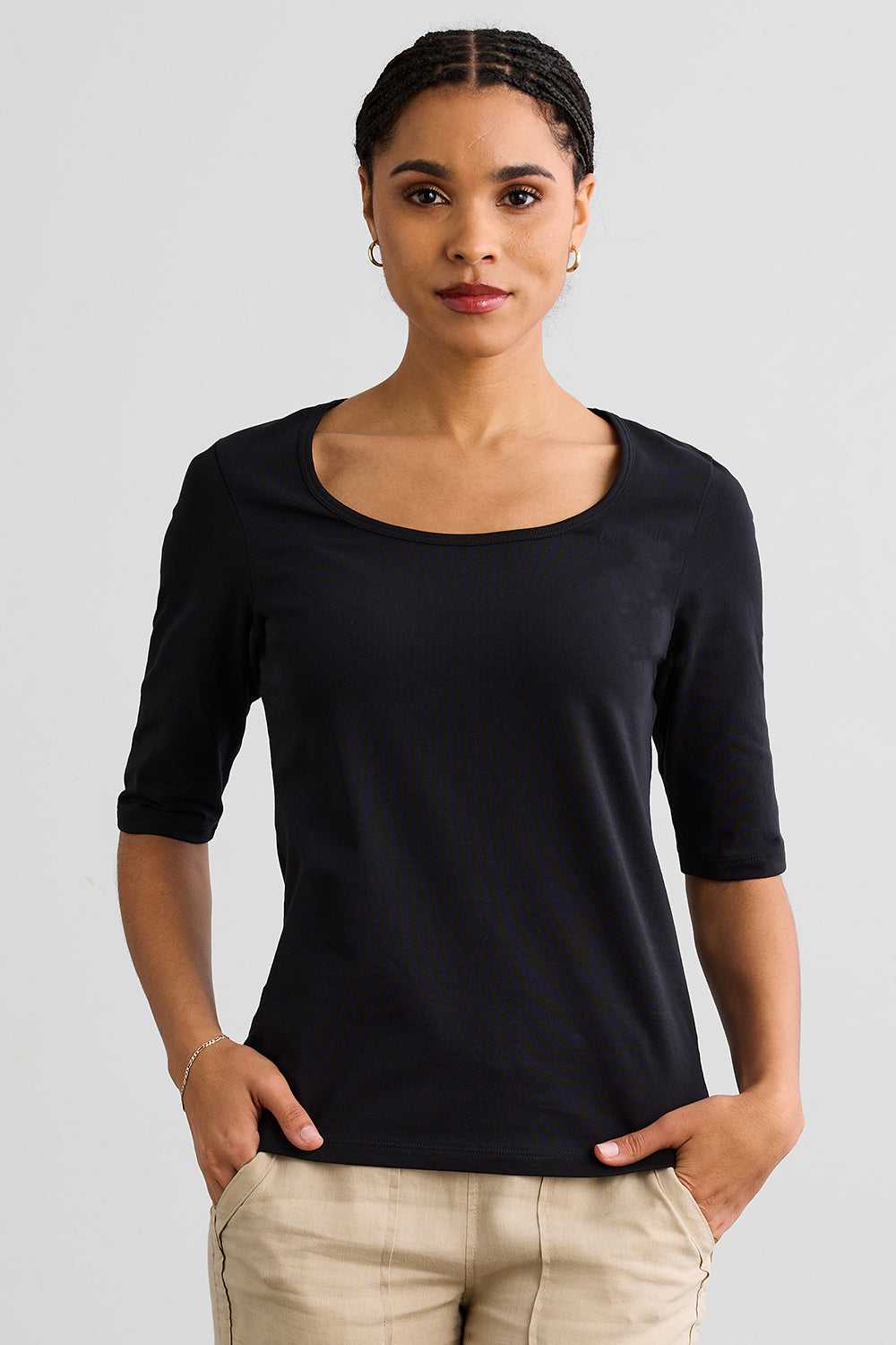 womens organic half sleeve scoop neck tee - black - fair indigo fair trade ethically made