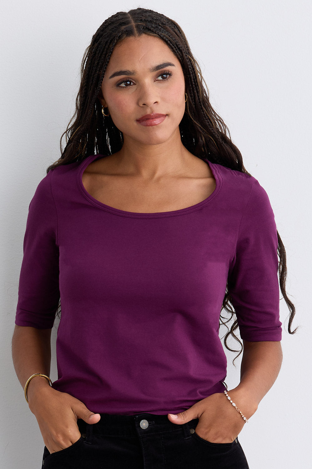 womens organic half sleeve scoop neck tee - plum purple - fair indigo fair trade ethically made