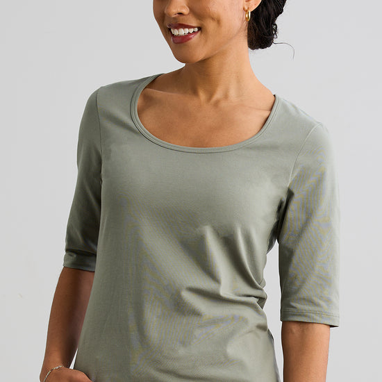 womens organic elbow sleeve scoop neck tee - sage green - fair indigo fair trade ethically made