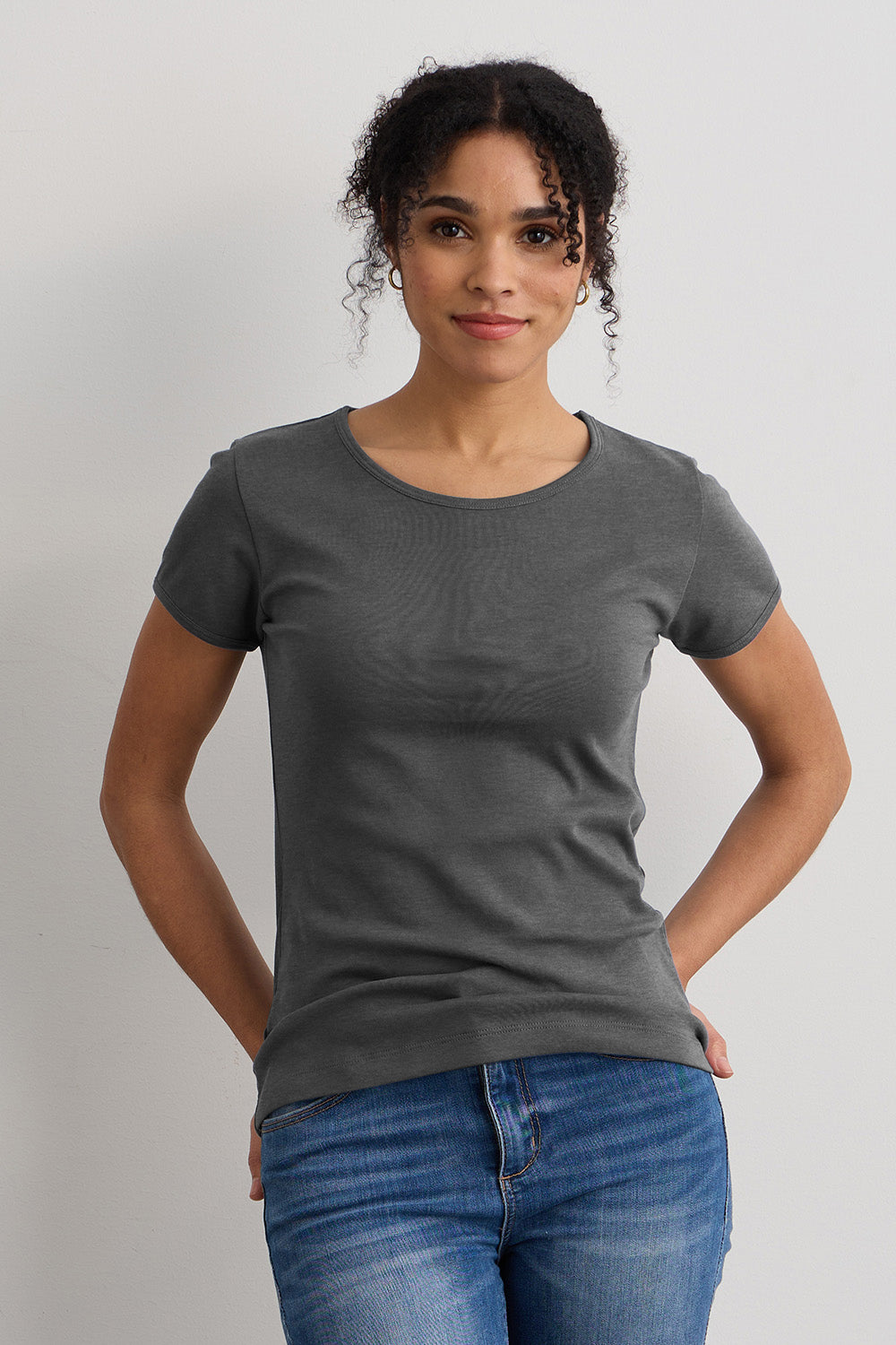 organic short sleeve 100% cotton jewel neck tee - dark charcoal heather grey - fair indigo ethically made fair trade