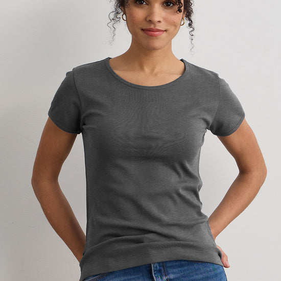 organic short sleeve 100% cotton jewel neck tee - dark charcoal heather grey - fair indigo ethically made fair trade