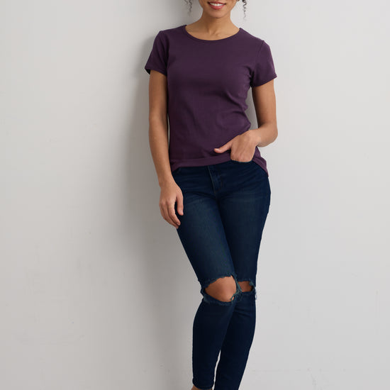womens organic short sleeve 100% cotton jewel neck tee - eggplant purple - fair indigo ethically made fair trade