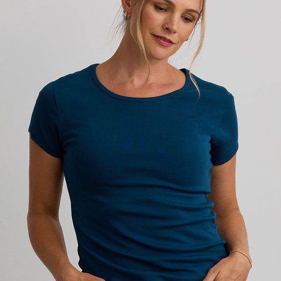 100% organic cotton short sleeve jewel neck tee peacock blue - fair indigo ethically made fair trade