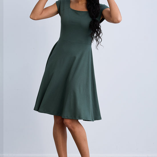 womens organic 100% cotton ballet neck dress - balsam green - fair indigo fair trade ethically made
