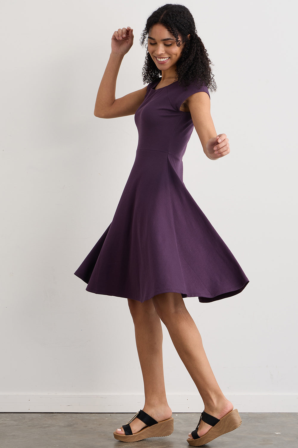 womens organic pima cotton ballet neck dress - eggplant purple - fair indigo fair trade ethically made