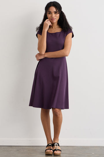 womens organic pima cotton ballet neck dress - eggplant purple - fair indigo fair trade ethically made